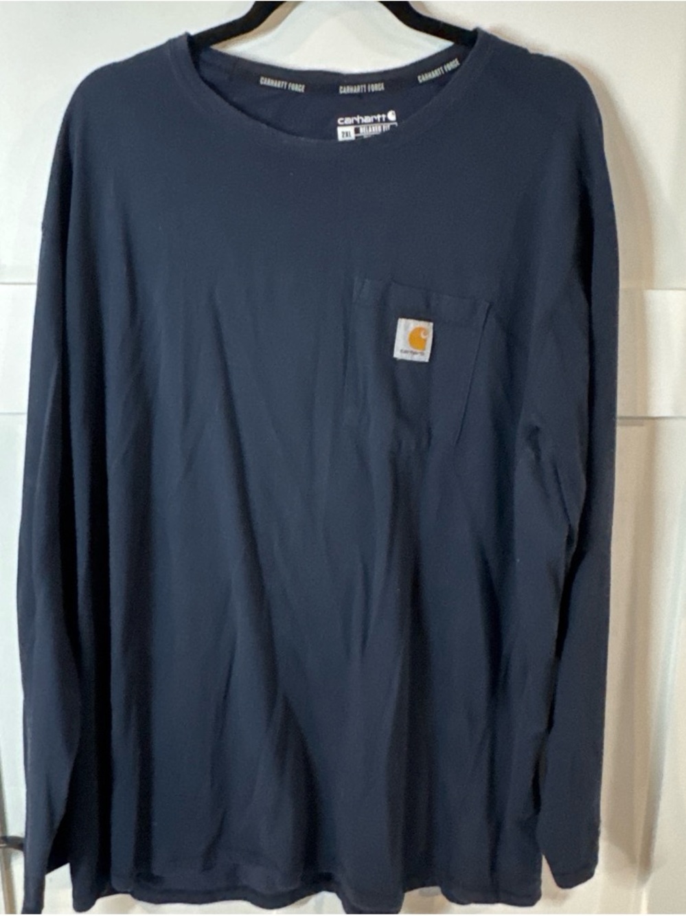 Carhartt Men’s Long-Sleeve Pocket Tee in Navy Blue with Logo Patch